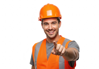 A smiling construction worker in a hard hat and safety vest points forward confidently, isolated on transparent background