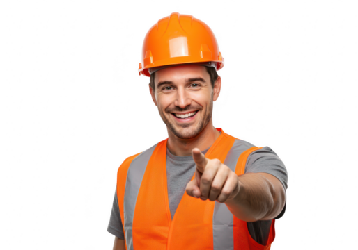 A smiling construction worker in a hard hat and safety vest points forward confidently, isolated on transparent background