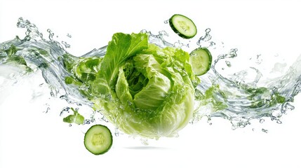 Obraz premium Lettuce head and cucumber sliced midair, water splash wrapping