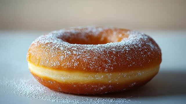 Powdered donut sits on a white table. The powdered sugar on the donut is sprinkled in a circular pattern