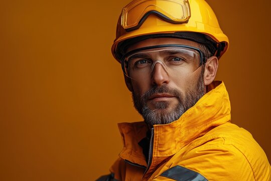 Professional worker in safety gear posing for advertising on construction site