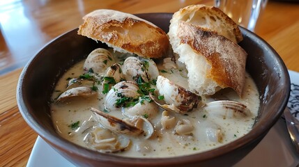 A bowl of clam chowder with bread bowl 