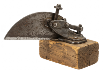 An old, rusty metal cutting tool with a wooden base and intricate mechanism, isolated on white isolated on transparent background