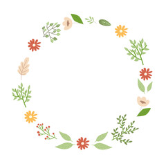 A floral wreath with colorful flowers and green leaves arranged in a circle. Spring and summer element for design.