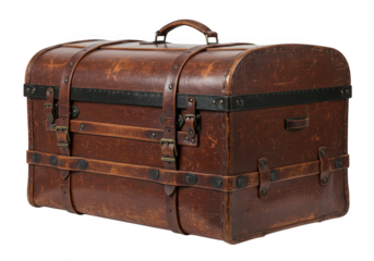 A vintage brown leather trunkstyle suitcase with straps and buckles, isolated on a transparent background