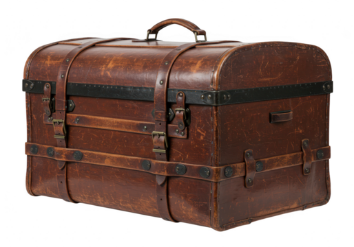 A vintage brown leather trunkstyle suitcase with straps and buckles, isolated on a transparent background