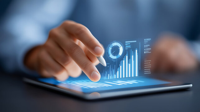 Hand pointing at stylus on analytics panels with data visualizations