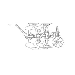 An artistic line art illustration of an antique agricultural plow equipment
