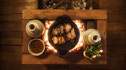 Overhead View of Traditional Thai Grilled Pork in Clay Pot