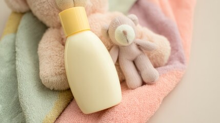 Pastel Baby Lotion Bottle with Plush Toys on Soft Towel