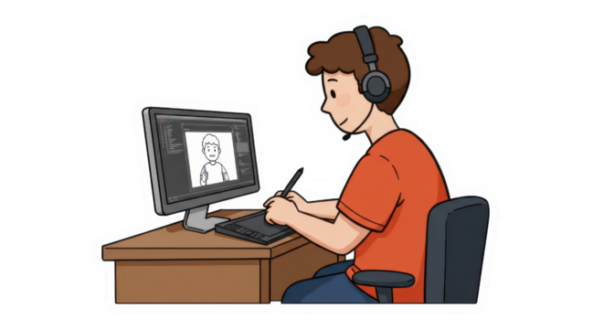 Digital Artist Working on Computer with Tablet