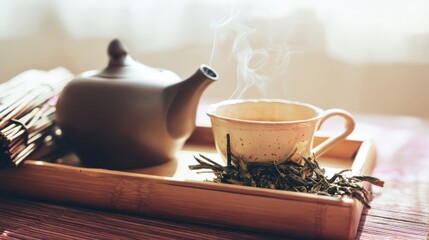 Steaming Herbal Tea Flatlay Warm Light, Wooden Tray, and Loose Tea Leaves