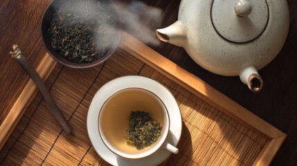 Steaming Cup of Herbal Tea with Tea Leaves and Teapot on Wooden Tray