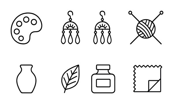 Boho Art Icon Set. Outline icon set of boho art and crafts: paint palette, handmade earrings, beading thread,