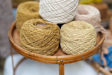 Basket with yarn  threads for knitting, close-up