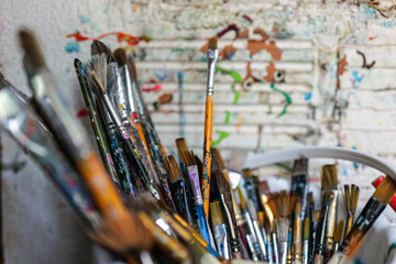 Paint brush and art painter tool Close-up, Paintbrush for painting as artistic paint still life. Abstract art concep