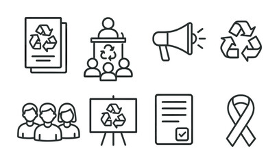 Educational Recycling Icons. Outline vector icons of educational recycling campaigns: flyer icon, school