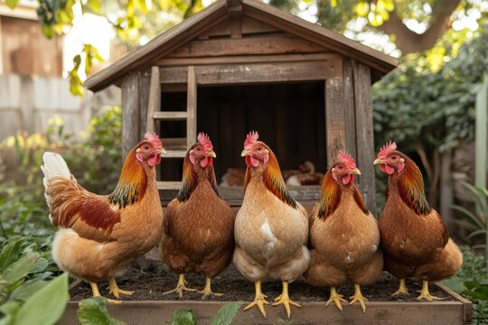 Raised chicken coop design features ladder and chickens in a backyard setting with greenery