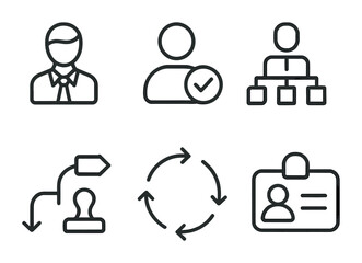 Task Delegation Icons. Outline vector icons of task delegation and roles: manager icon, team member icon,