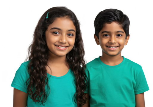 A happy young indian girl with long curly hair and a boy stand sidebyside, both smiling warmly isolated on transparent background