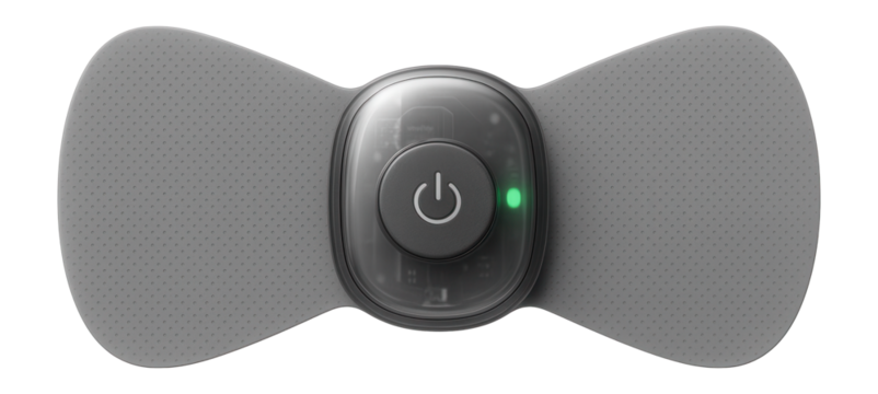 Cordless EMS patch with a thin, adhesive design and single-button operation