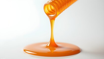 A close-up of a liquid pouring from a bottle onto a reflective surface