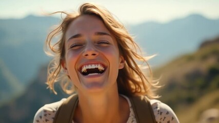 Joyful Woman Laughing in the Mountains on Summer Bank Holiday Escape