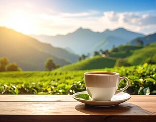 A cup of coffee with a tea plantation view