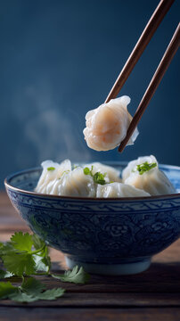 a Chinese table with dumplings and chopsticks holding one shrimp to cut into small pieces, the white dumpling skin is very delicate and transparent, placed in a blue bowl