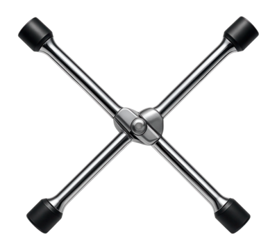 Adjustable cross lug wrench with pivoting arms for various bolt sizes in a truck repair center.