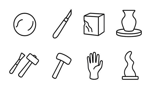 Sculpture Icon Set. Outline icon set of sculpture and tactile art: clay ball, carving tool, stone block,