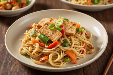 Indulge in Wholesome Asian Cuisine: Delicious Tofu Noodles with Fresh Vegetables, Expertly Garnished with Green Onions, a Perfect Vegetarian Meal for a Balanced and Flavorful Dinner.
