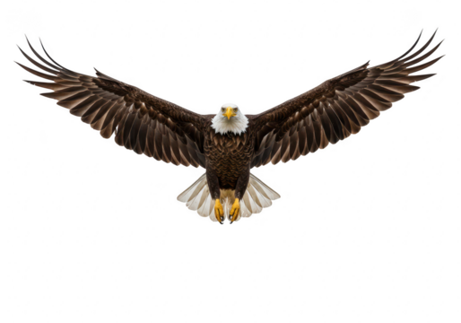 A majestic bald eagle in flight with its wings fully spread, viewed from the front, isolated on white isolated on transparent background