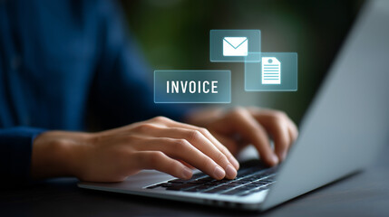 Billing Dashboard with Invoice Panels and Envelope Icon Hand Typing