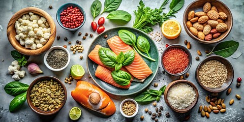 Fototapeta premium A vibrant assortment of healthy foods and ingredients for a balanced diet