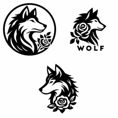 A Wolf with rose. Rose Valentine Clipart Line Art Vector Illustration Love Heart Romance. Canine holding bloom wild animal having flower theme of beast affection.