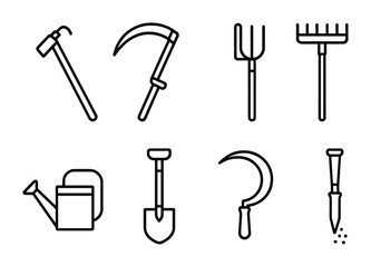 Traditional Farming Tools Icons. Outline icon set of traditional farming tools: hoe, scythe, pitchfork, wooden