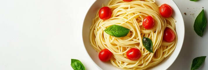 Pasta with cherry tomatoes and basil in bowl for food blog banner, 3:1 image with white background and copy space on left, warm golden lighting for website or digital content header