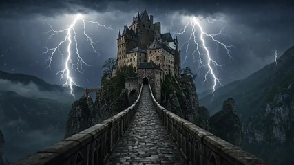 A medieval castle atop a cliff accessed by a stone bridge during a thunderstorm with lightning - Powered by Adobe