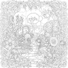 Obraz premium Floral Fantasy Intricate forest with a stone path, whimsical florals, & swirled vine border