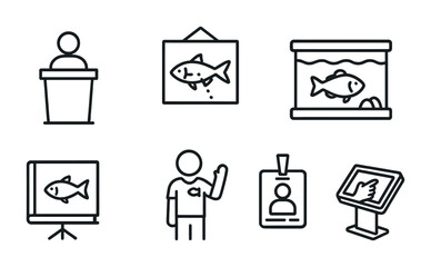 Marine Education Icons. Outline icon set of marine educational outreach: lecture podium, fish anatomy chart,
