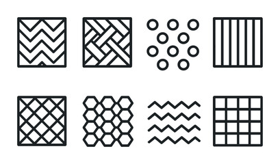 Geometric Pattern Icons. Outline icon set of geometric patterns: chevron, herringbone, polka dots, stripes,