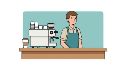 Friendly Cartoon Barista at Coffee Shop Counter