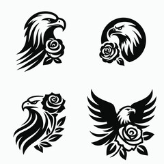 Fototapeta premium A Bald Eagle with rose. Rose Valentine Clipart Line Art Vector Illustration Love Heart Romance. North american bird bloom patriotic wildlife nature theme fauna avifauna.