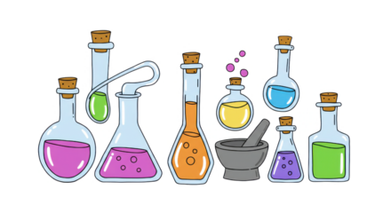 Colorful Cartoon Chemistry Lab Flasks and Potions