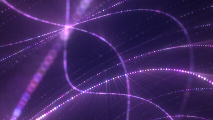Vibrant purple and pink light trails forming an elegant, swirling abstract digital web on a dark background