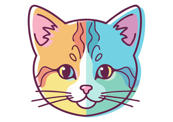 Fototapeta premium Colorful cat face illustration, cute pet, playful design, isolated on white background