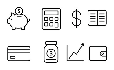 Financial Literacy Icons. Outline icon set of financial literacy: piggy bank, calculator, dollar sign, budget