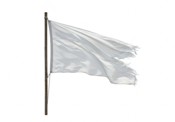 A tattered white flag waving on a pole, symbolizing surrender, isolated on a transparent background