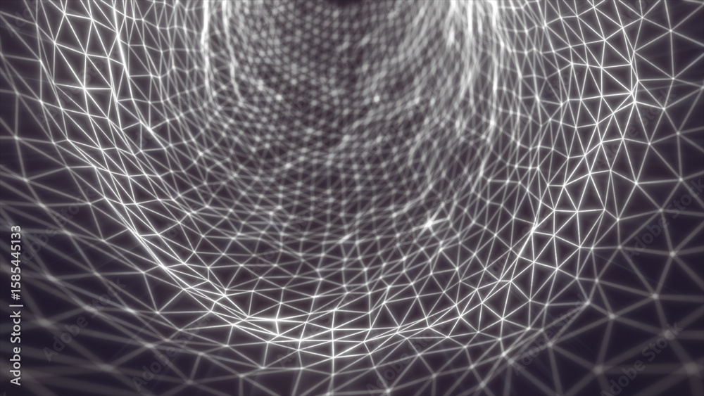 Poster monochrome digital mesh tunnel with glowing white triangle wireframes forming a dynamic data grid st